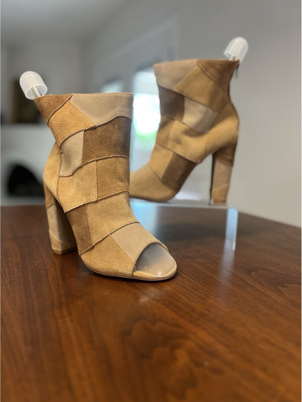 Torrid Patchwork Faux Suede Peep Toe Booties Block Heel Tan Camel Women's 7W